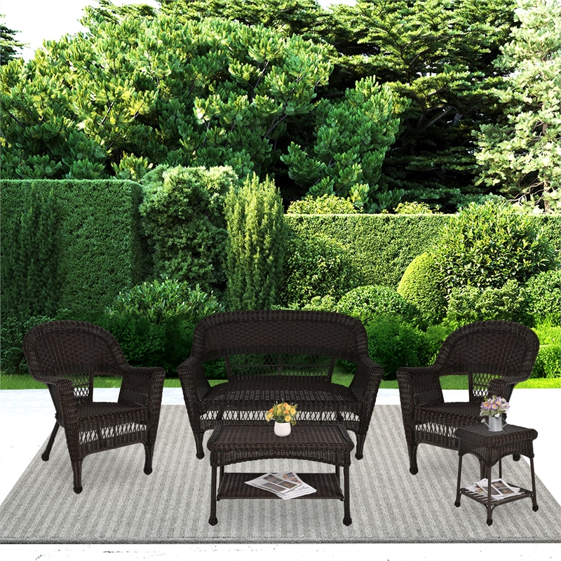 Jeco 5 Piece Resin Wicker Modern Patio Sofa Set in Espresso