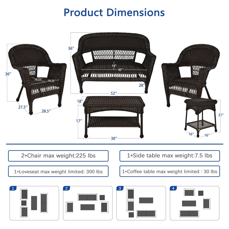 Jeco 5 Piece Resin Wicker Modern Patio Sofa Set in Espresso