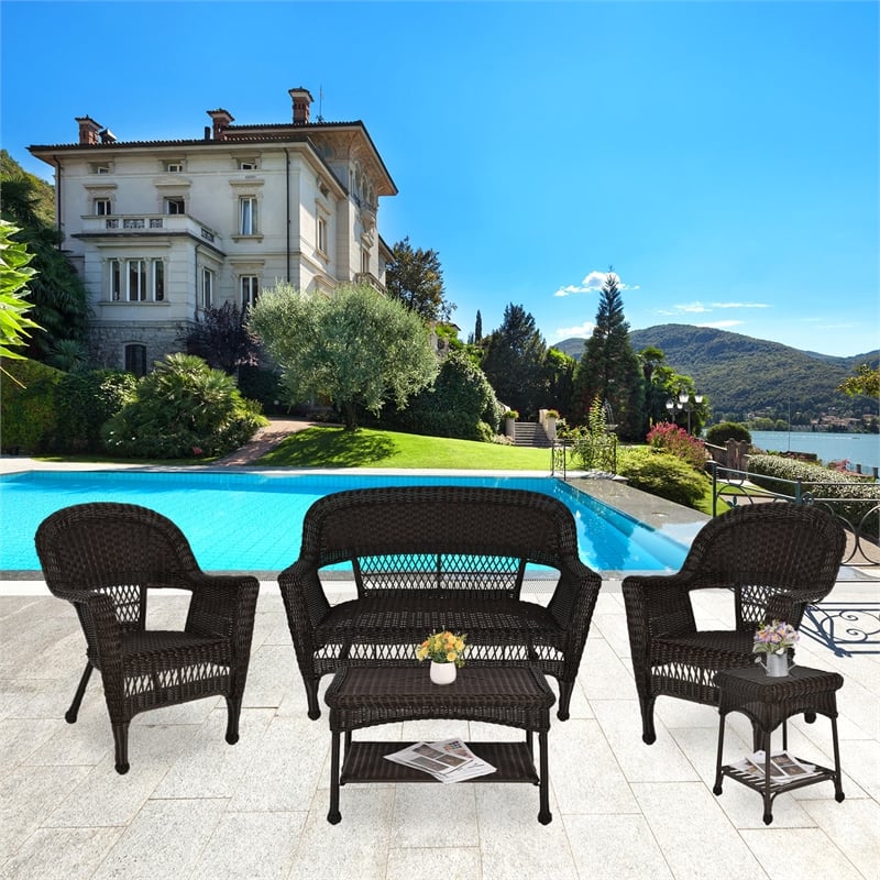 Jeco 5 Piece Resin Wicker Modern Patio Sofa Set in Espresso