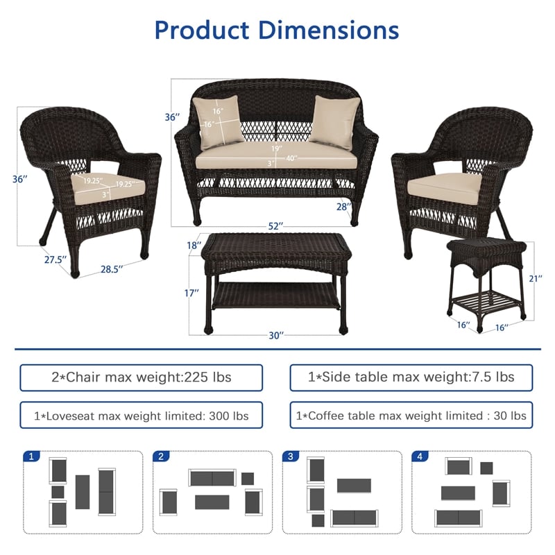 Jeco 5pc Wicker Conversation Set in Espresso with Tan Cushion