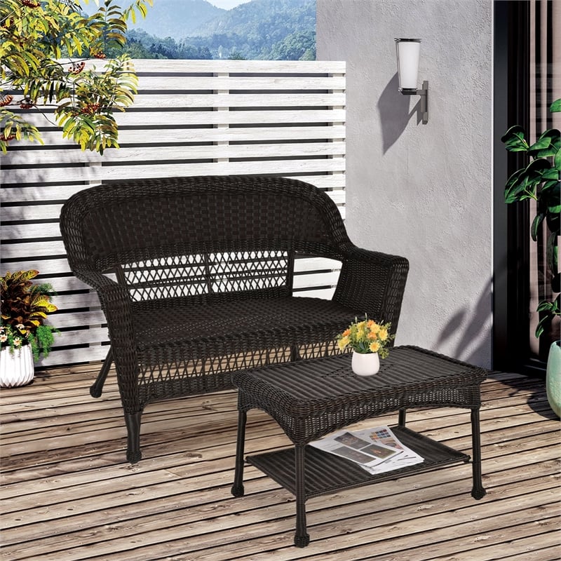 Jeco Wicker Patio Love Seat and Coffee Table Set in Espresso without Cushion