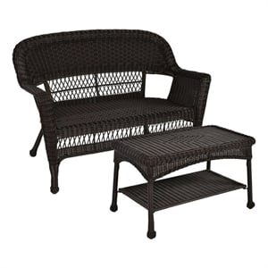 Jeco Wicker Patio Love Seat and Coffee Table Set in Espresso without Cushion