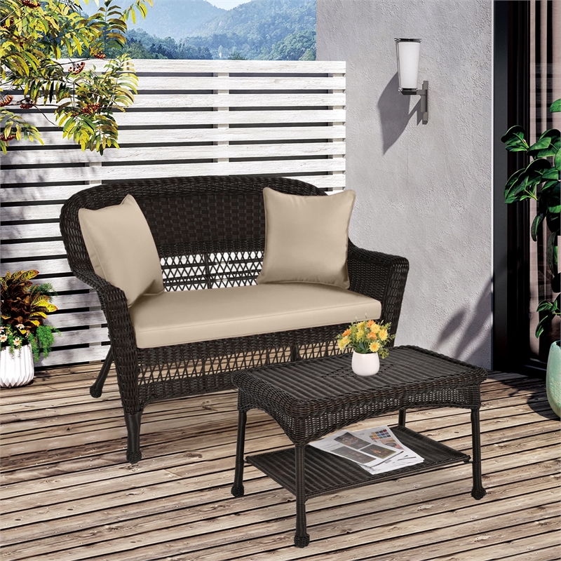 Jeco Wicker Patio Love Seat and Coffee Table Set in Espresso with Tan Cushion