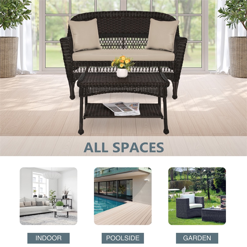 Jeco Wicker Patio Love Seat and Coffee Table Set in Espresso with Tan Cushion