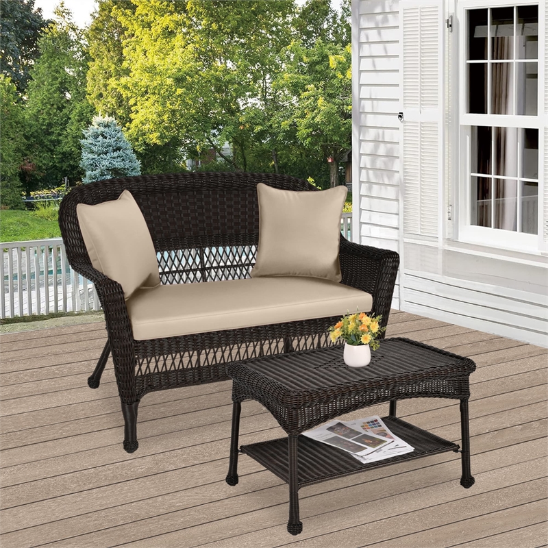 Jeco Wicker Patio Love Seat and Coffee Table Set in Espresso with Tan Cushion