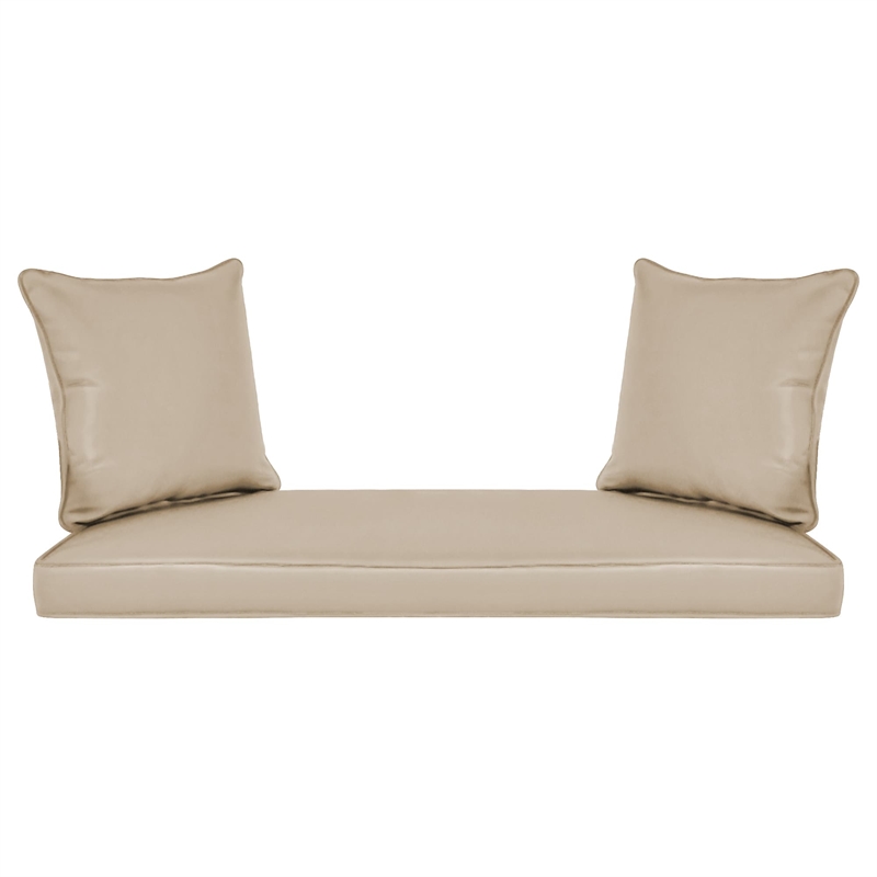 Jeco Wicker Patio Love Seat and Coffee Table Set in Espresso with Tan Cushion