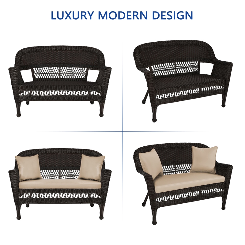 Jeco Wicker Patio Love Seat and Coffee Table Set in Espresso with Tan Cushion