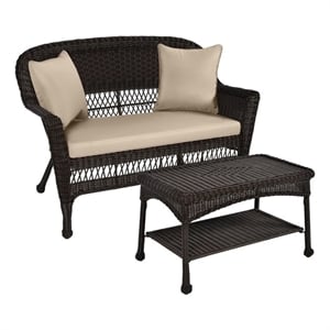 Jeco Wicker Patio Love Seat and Coffee Table Set in Espresso with Tan Cushion