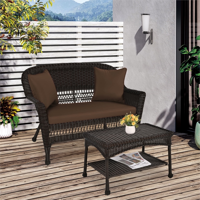 Jeco Wicker Patio Love Seat and Coffee Table Set in Espresso with Brown Cushion