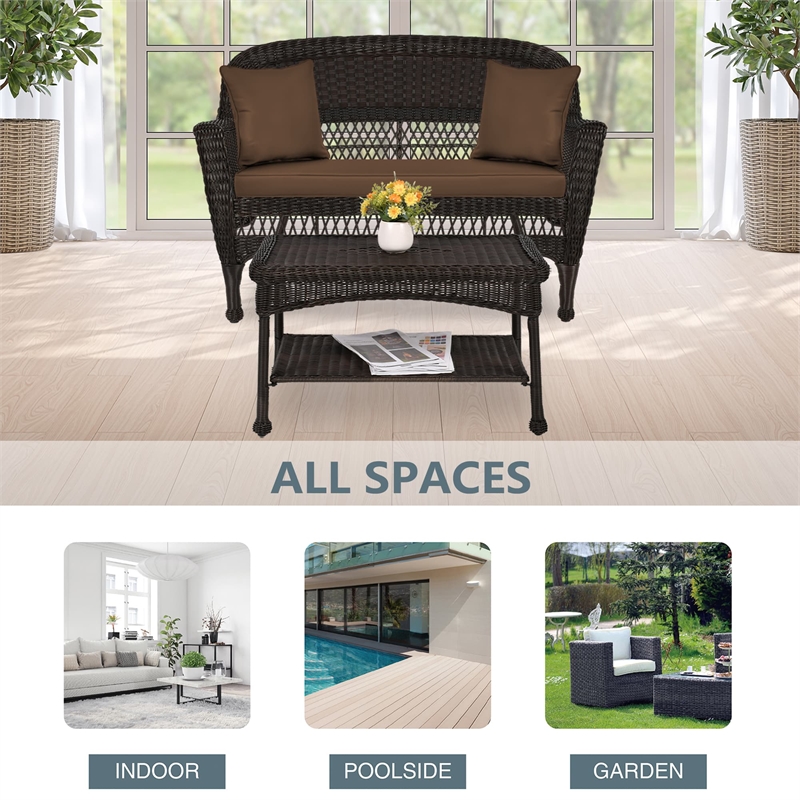Jeco Wicker Patio Love Seat and Coffee Table Set in Espresso with Brown Cushion