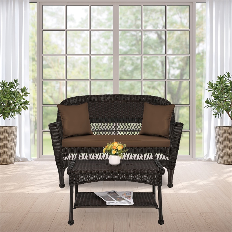 Jeco Wicker Patio Love Seat and Coffee Table Set in Espresso with Brown Cushion