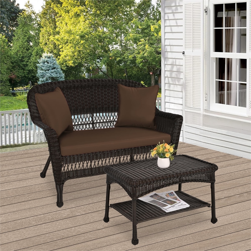 Jeco Wicker Patio Love Seat and Coffee Table Set in Espresso with Brown Cushion