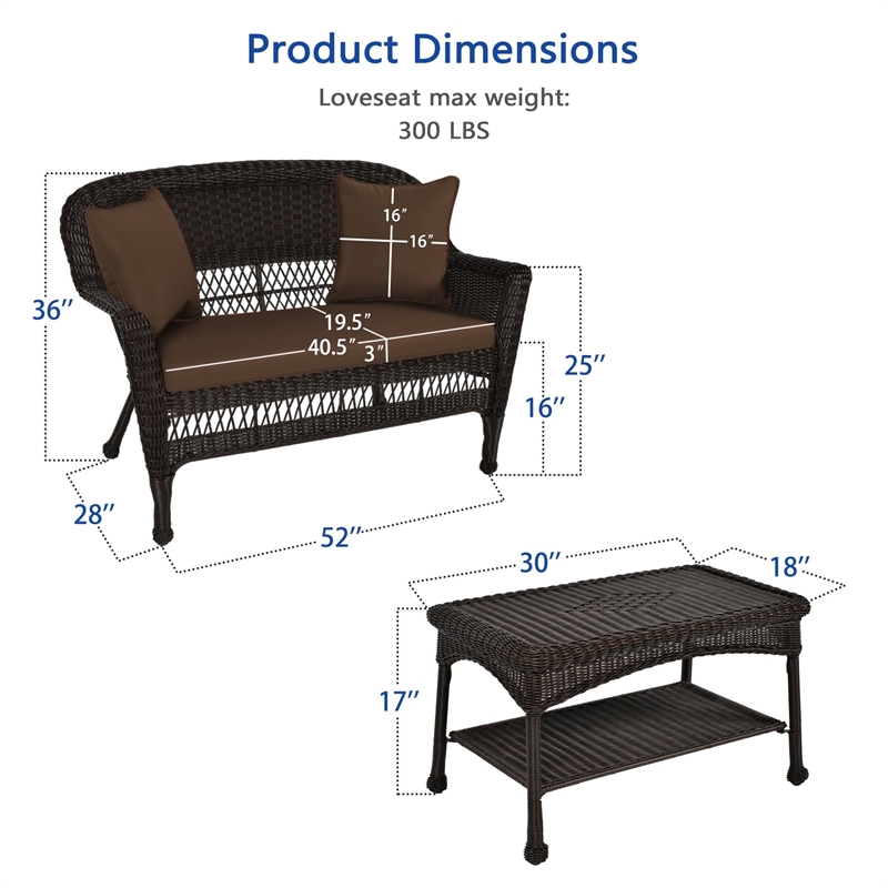 Jeco Wicker Patio Love Seat and Coffee Table Set in Espresso with Brown Cushion