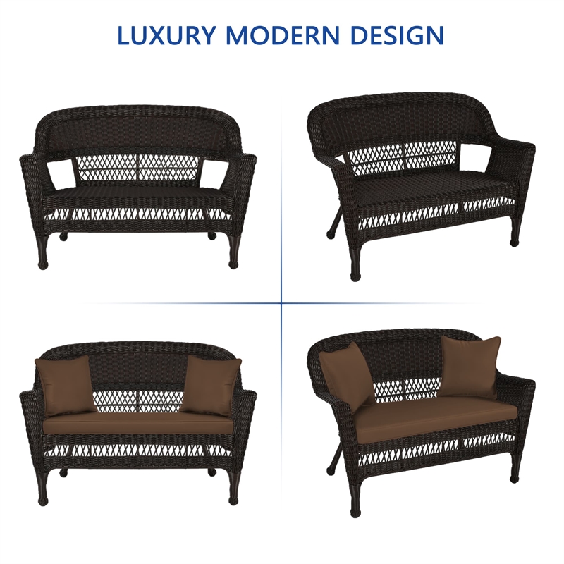 Jeco Wicker Patio Love Seat and Coffee Table Set in Espresso with Brown Cushion