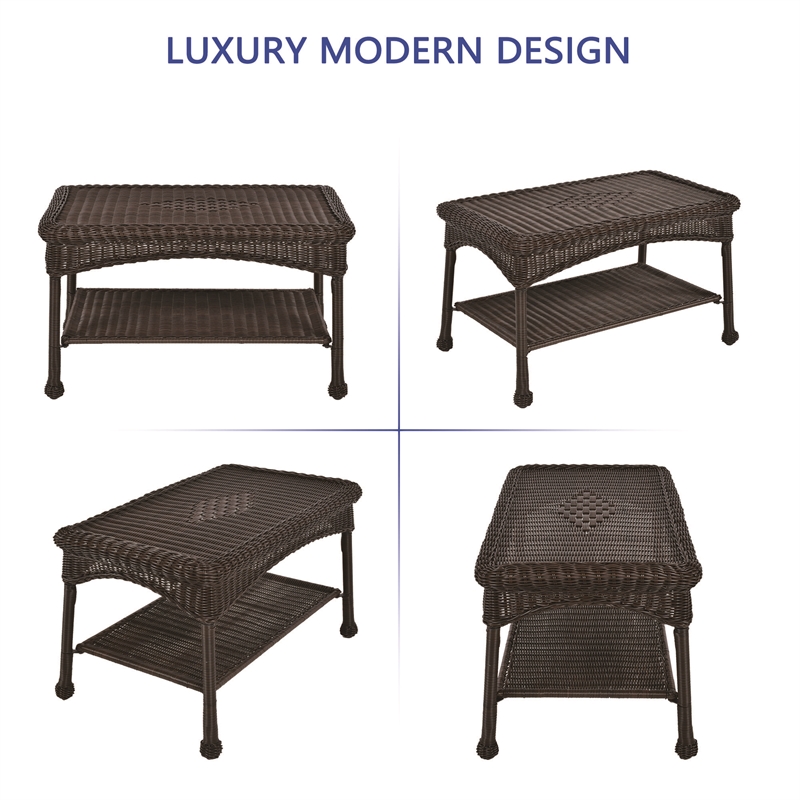 Jeco Wicker Patio Love Seat and Coffee Table Set in Espresso with Brown Cushion