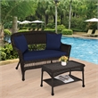 Jeco Wicker Patio Love Seat and Coffee Table Set in Espresso with Blue Cushion