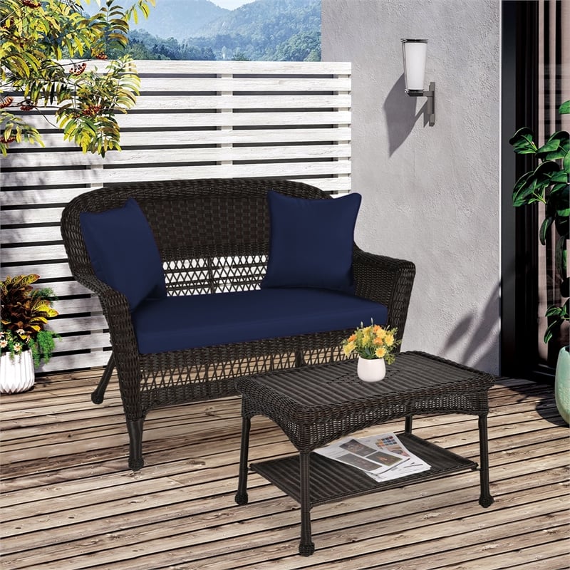 Jeco Wicker Patio Love Seat and Coffee Table Set in Espresso with Blue Cushion