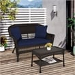 Jeco Wicker Patio Love Seat and Coffee Table Set in Espresso with Blue Cushion
