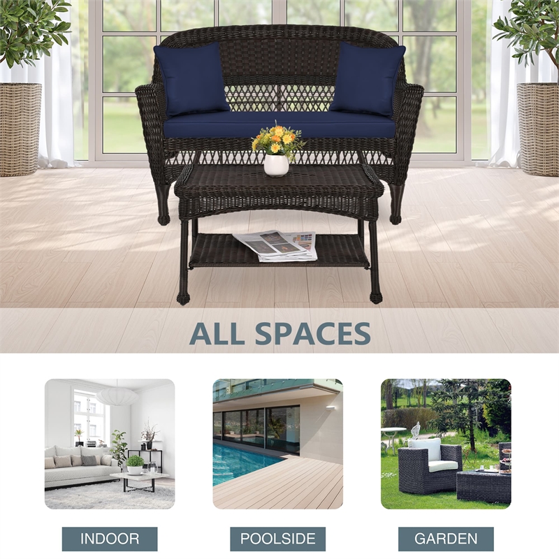 Jeco Wicker Patio Love Seat and Coffee Table Set in Espresso with Blue Cushion