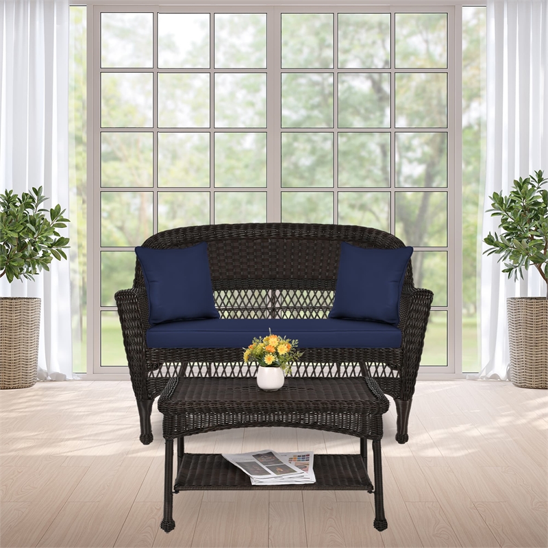 Jeco Wicker Patio Love Seat and Coffee Table Set in Espresso with Blue Cushion