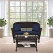 Jeco Wicker Patio Love Seat and Coffee Table Set in Espresso with Blue Cushion