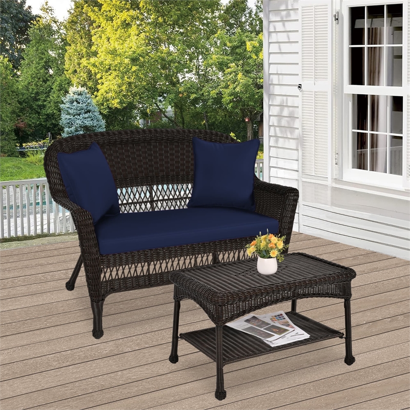 Jeco Wicker Patio Love Seat and Coffee Table Set in Espresso with Blue Cushion