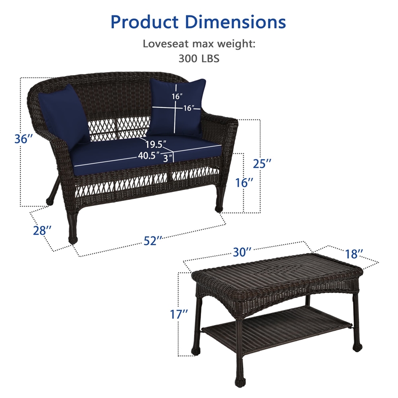 Jeco Wicker Patio Love Seat and Coffee Table Set in Espresso with Blue Cushion