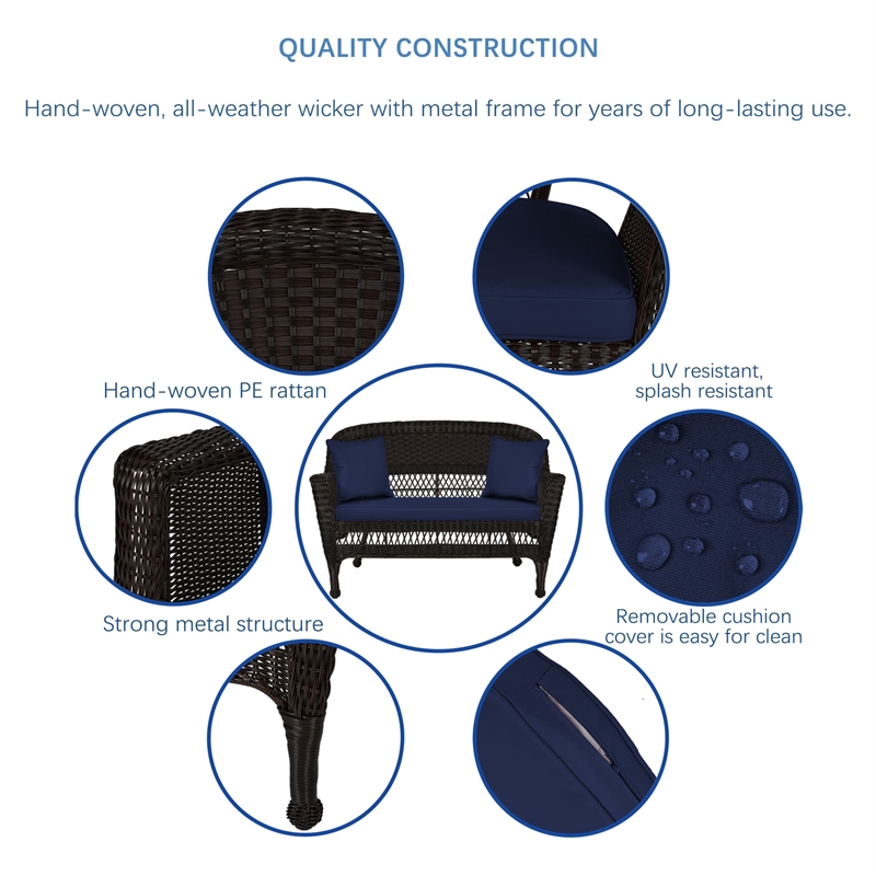 Jeco Wicker Patio Love Seat and Coffee Table Set in Espresso with Blue Cushion