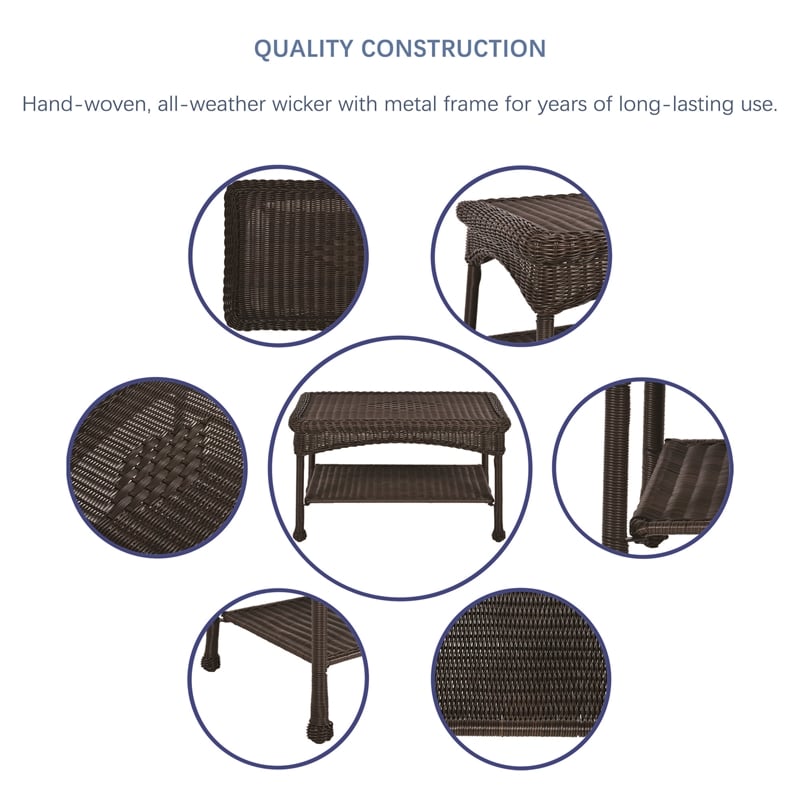 Jeco Wicker Patio Love Seat and Coffee Table Set in Espresso with Blue Cushion