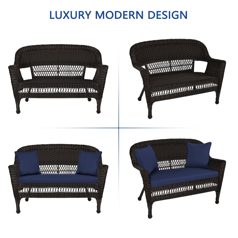 Jeco Wicker Patio Love Seat and Coffee Table Set in Espresso with Blue Cushion