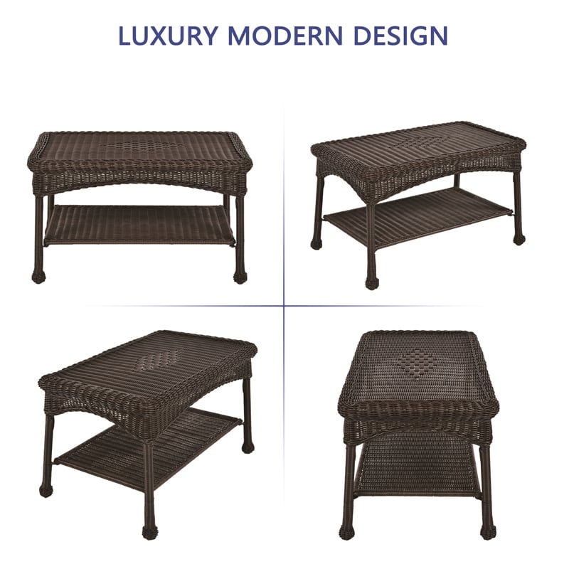 Jeco Wicker Patio Love Seat and Coffee Table Set in Espresso with Blue Cushion