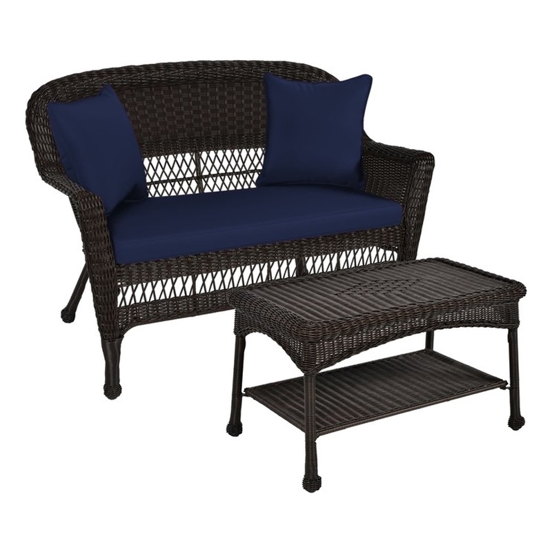 Jeco Wicker Patio Love Seat and Coffee Table Set in Espresso with Blue Cushion