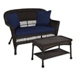 Jeco Wicker Patio Love Seat and Coffee Table Set in Espresso with Blue Cushion