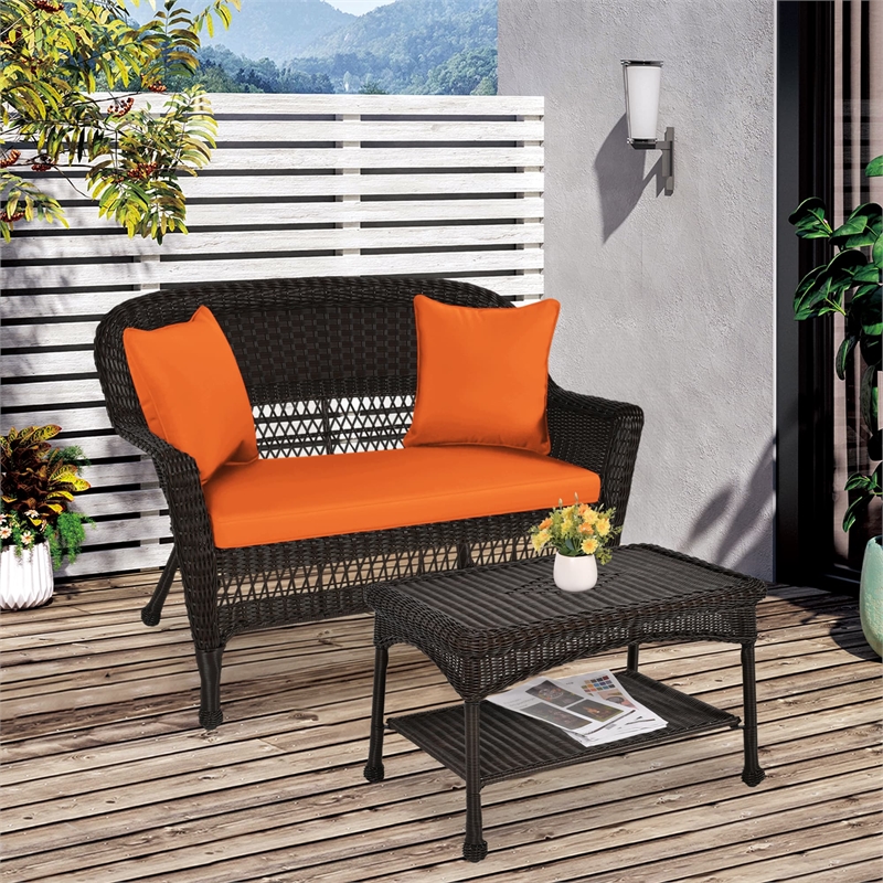 Jeco Wicker Patio Love Seat and Coffee Table Set in Espresso with Orange Cushion