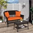 Jeco Wicker Patio Love Seat and Coffee Table Set in Espresso with Orange Cushion