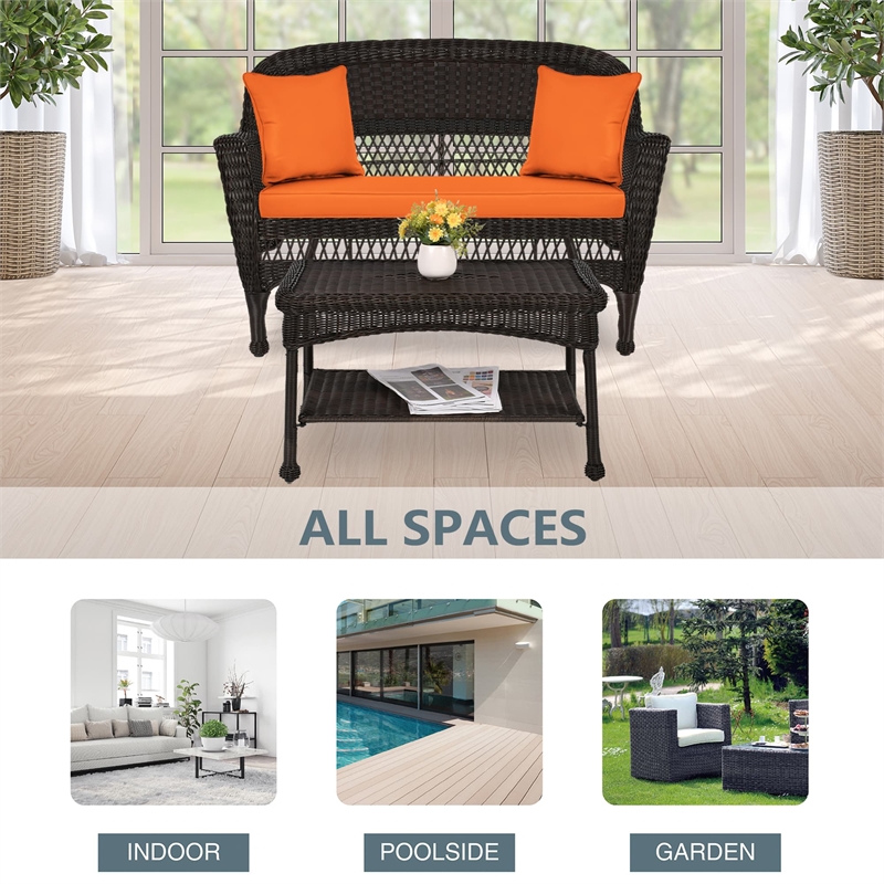 Jeco Wicker Patio Love Seat and Coffee Table Set in Espresso with Orange Cushion