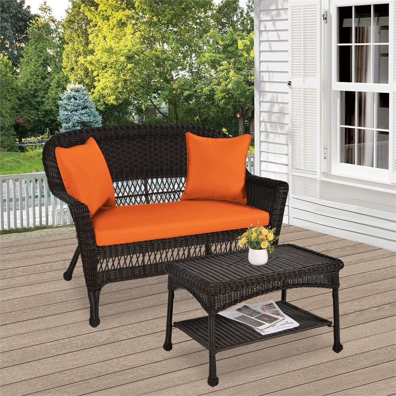 Jeco Wicker Patio Love Seat and Coffee Table Set in Espresso with Orange Cushion