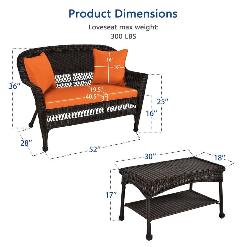 Jeco Wicker Patio Love Seat and Coffee Table Set in Espresso with Orange Cushion