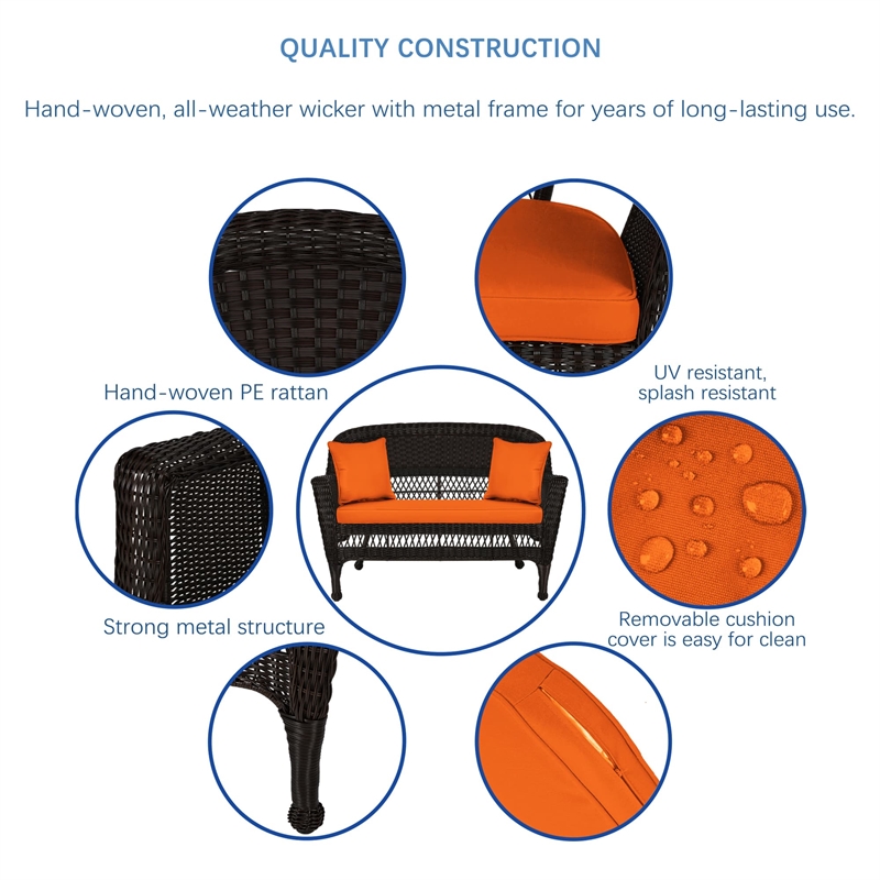 Jeco Wicker Patio Love Seat and Coffee Table Set in Espresso with Orange Cushion