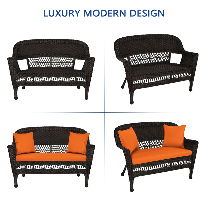 Jeco Wicker Patio Love Seat and Coffee Table Set in Espresso with Orange Cushion