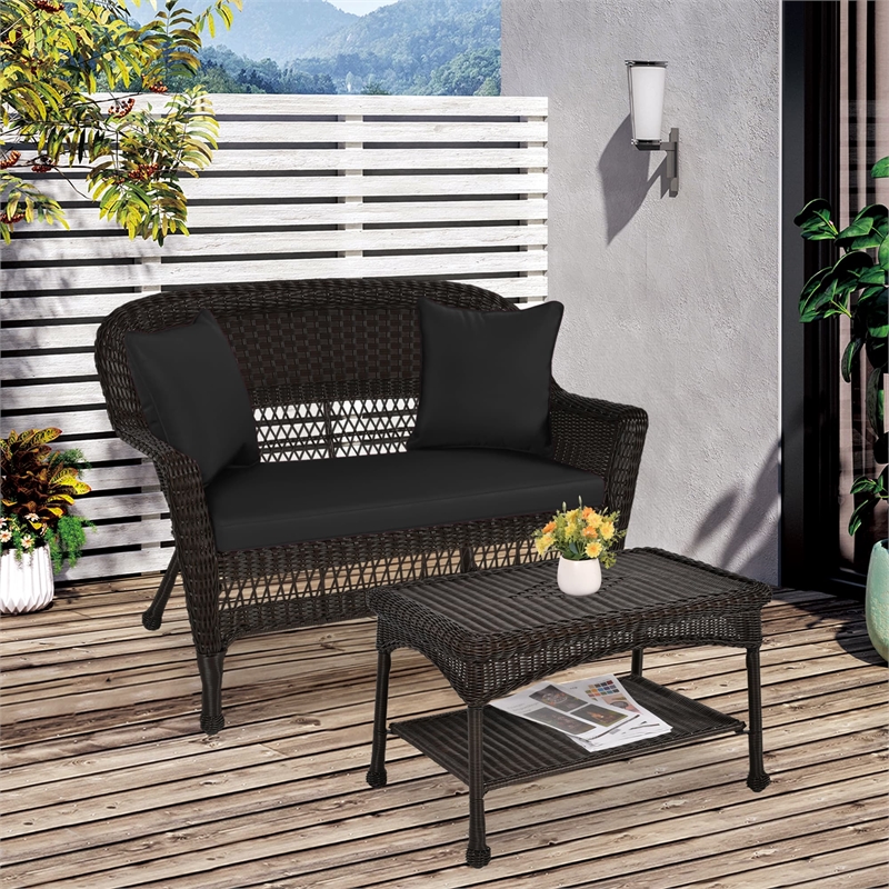 Jeco Wicker Patio Love Seat and Coffee Table Set in Espresso with Black Cushion