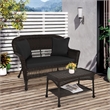 Jeco Wicker Patio Love Seat and Coffee Table Set in Espresso with Black Cushion