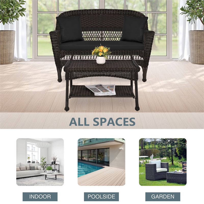 Jeco Wicker Patio Love Seat and Coffee Table Set in Espresso with Black Cushion