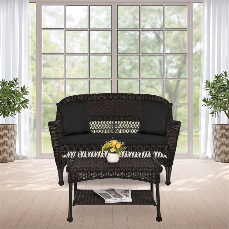 Jeco Wicker Patio Love Seat and Coffee Table Set in Espresso with Black Cushion