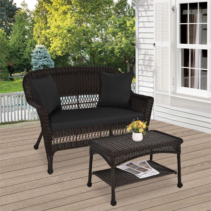 Jeco Wicker Patio Love Seat and Coffee Table Set in Espresso with Black Cushion