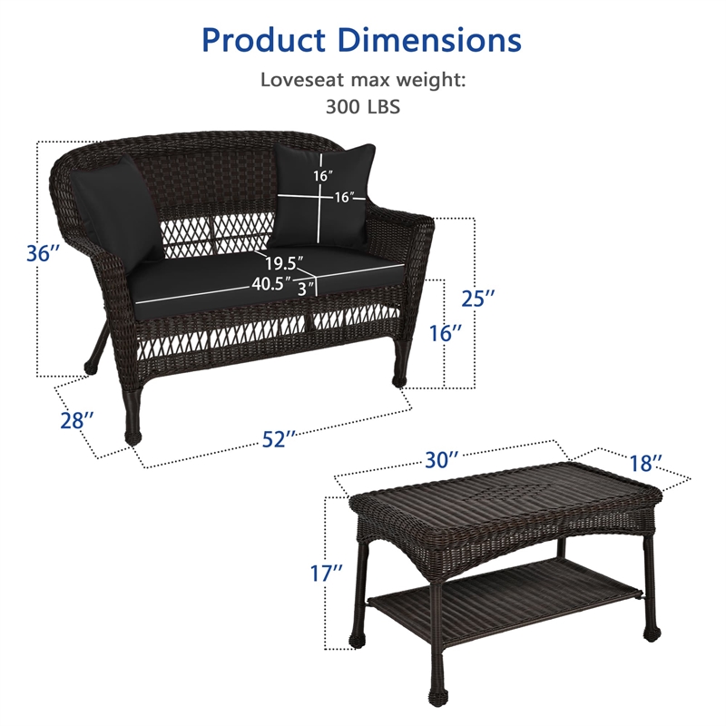 Jeco Wicker Patio Love Seat and Coffee Table Set in Espresso with Black Cushion