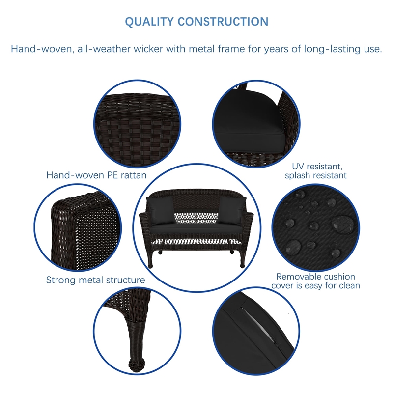 Jeco Wicker Patio Love Seat and Coffee Table Set in Espresso with Black Cushion