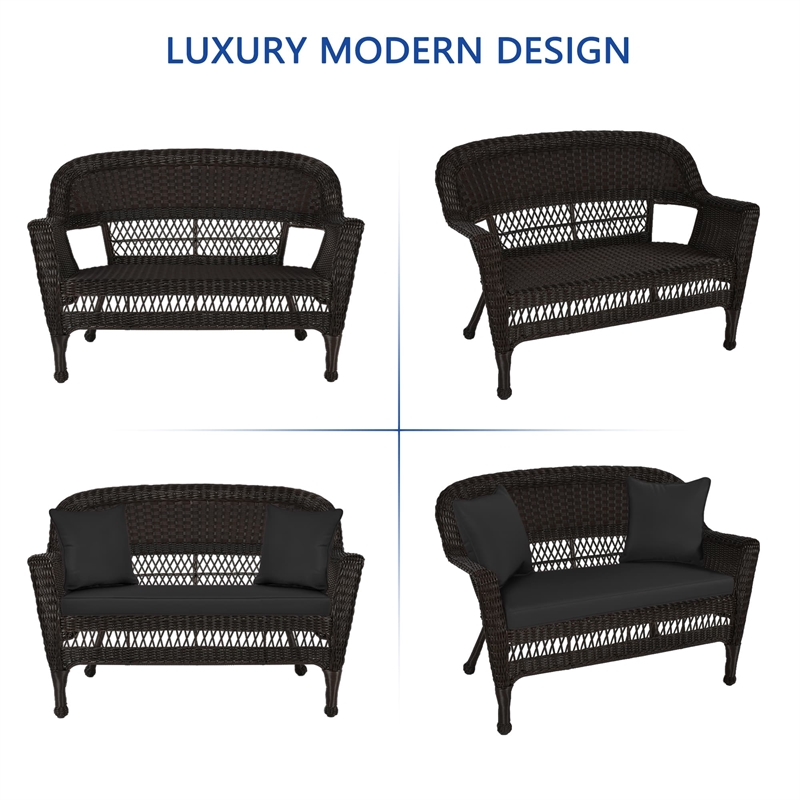 Jeco Wicker Patio Love Seat and Coffee Table Set in Espresso with Black Cushion