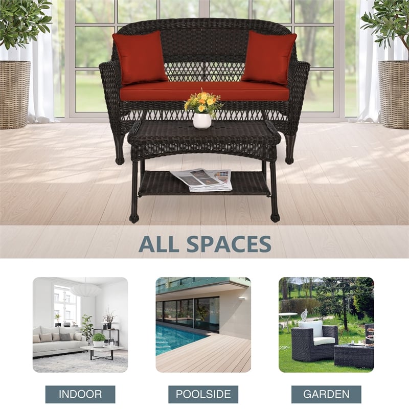 Jeco Wicker Patio Love Seat and Coffee Table Set