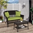 Jeco Wicker Patio Love Seat and Coffee Table Set in Espresso with Green Cushion